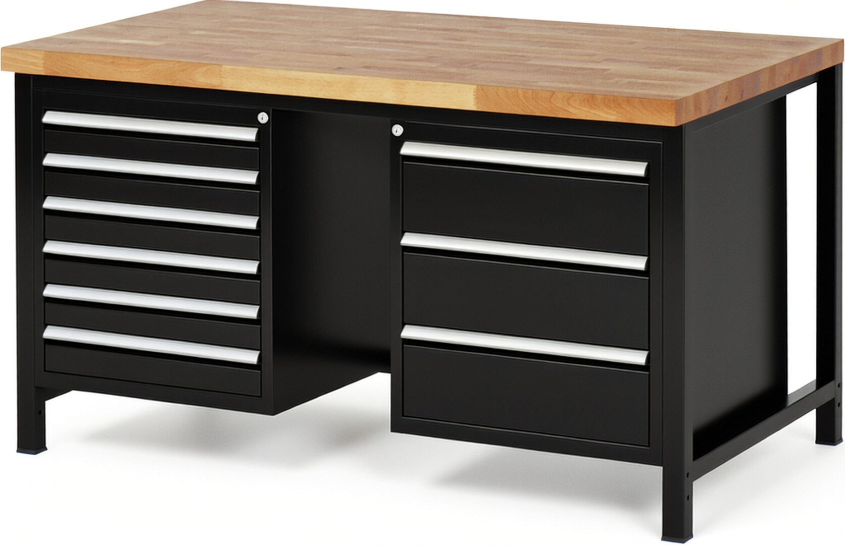 RAU Werkbank schwarz - Breite 150 cm - Tiefe 90 cm - Höhe 84 cm - Buche-Massiv Arbeitsplatte 40 mm