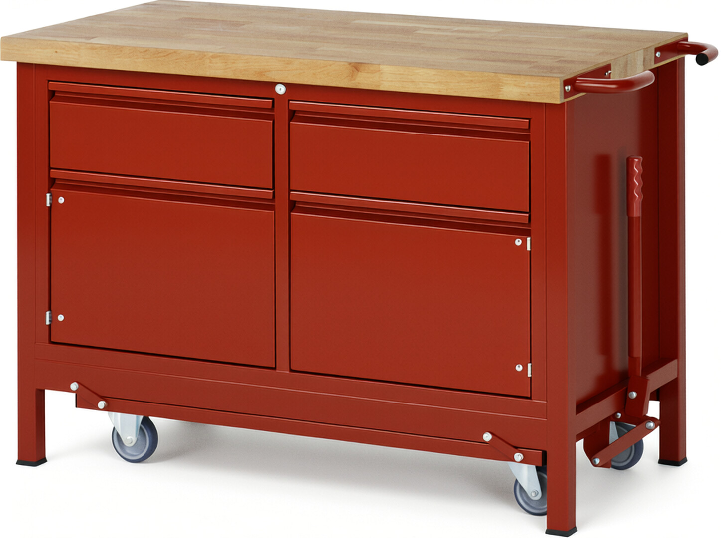 Absenkbare Werkbank - Modell 8466 BASIC rot, BxTxH 1250x700x880 mm,  Buche-Massiv Arbeitsplatte 40 mm,  2 Schubladen mit  Auszug 90 %
