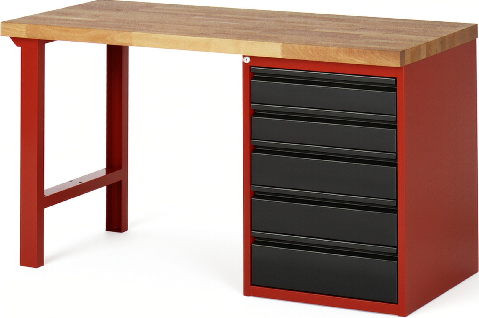 Werkbank rot - schwarz, Breite 150 cm, Tiefe 70 cm, Höhe 84 cm, 5 Schublade(n), Platte: Buche-Massiv-Arbeitsplatte