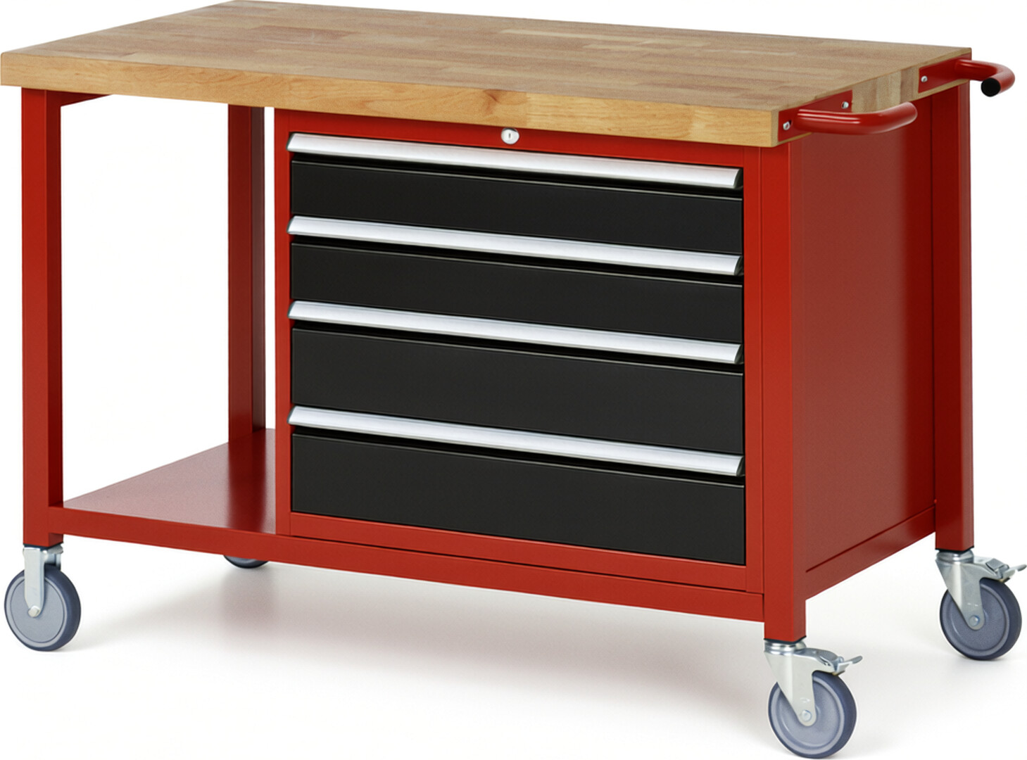 Fahrbare Werkbank Modell 8262 rot - schwarz, BxTxH 1250x700x880 mm,  Buche-Massiv Arbeitsplatte 40 mm,  4 Schubladen mit  Auszug 90 %