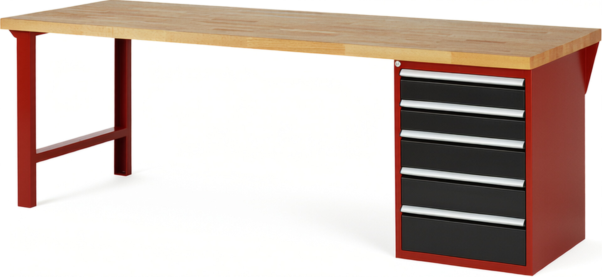 RAU Werkbank rot - schwarz - Breite 250 cm - Tiefe 90 cm - Höhe 84 cm - Buche-Massiv Arbeitsplatte 40 mm