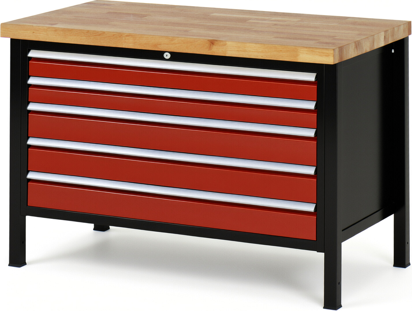 RAU Werkbank schwarz - rot - Breite 125 cm - Tiefe 70 cm - Höhe 104 cm - Buche-Massiv Arbeitsplatte 40 mm