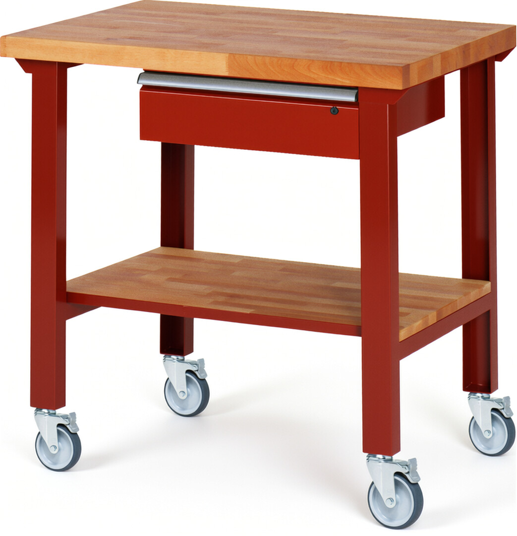 Fahrbare Werkbank Modell 7001 rot, BxTxH 1000x700x1000 mm,  Buche-Massiv Arbeitsplatte 40 mm,  1 Schublade mit  Auszug 90 %
