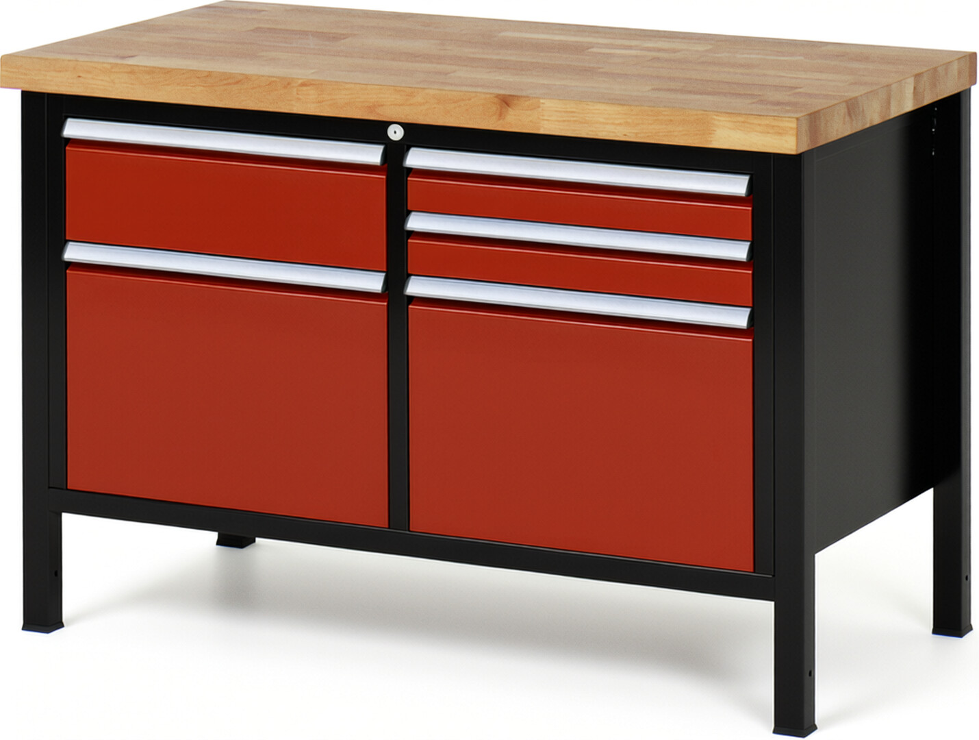 RAU Werkbank schwarz - rot - Breite 125 cm - Tiefe 70 cm - Höhe 104 cm - Buche-Massiv Arbeitsplatte 40 mm