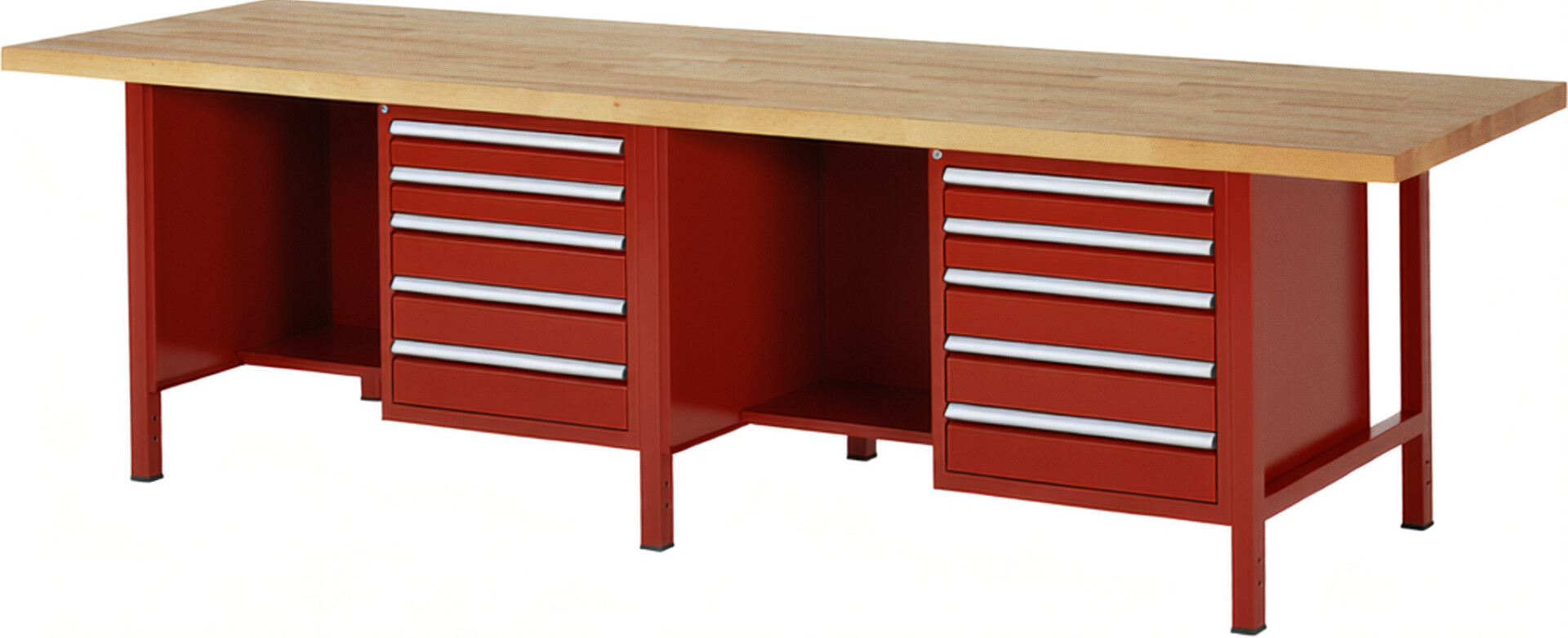 Werkbank Modell 8454 rot, BxTxH 3000x900x840 mm,  Buche-Massiv Arbeitsplatte 40 mm,  10 Schubladen mit  Auszug 90 %