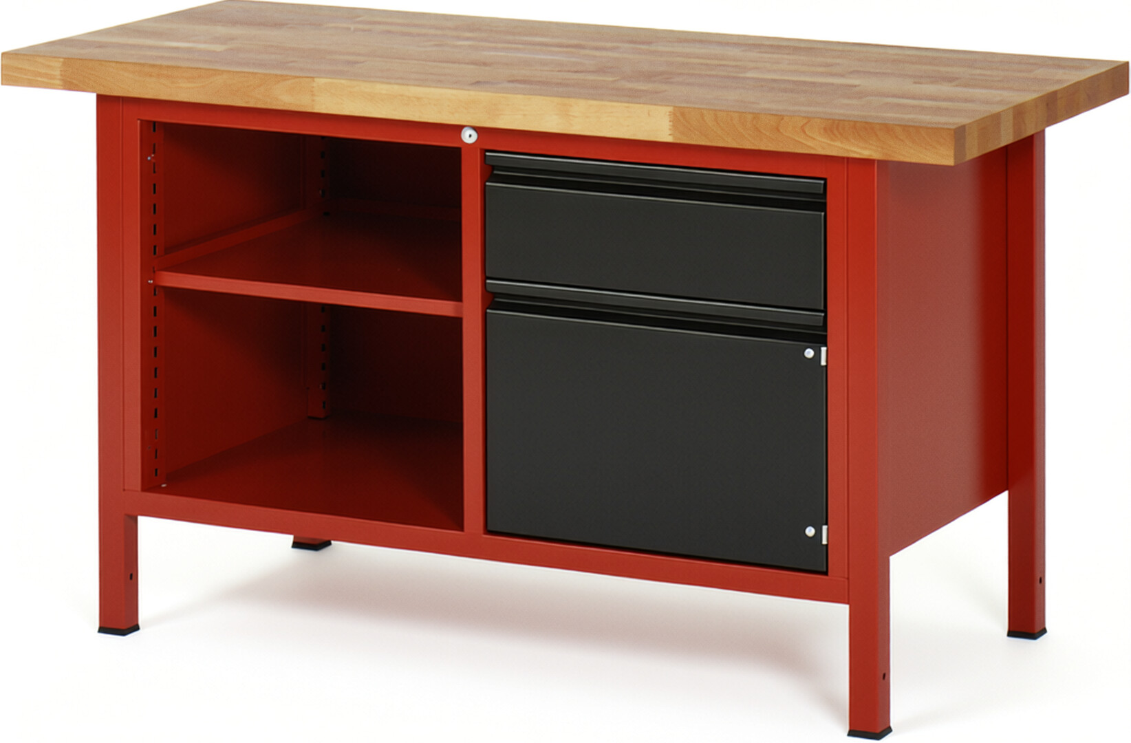 Werkbank - Modell 8461 BASIC rot - schwarz, BxTxH 1500x700x840-1040 mm,  Buche-Massiv Arbeitsplatte 40 mm,  1 Schublade mit  Auszug 90 %