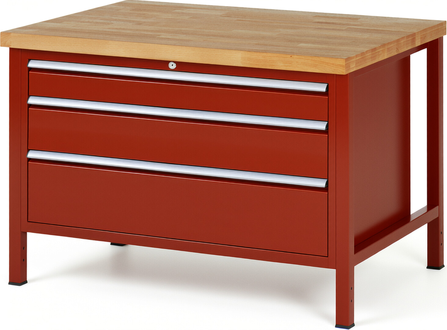 Werkbank Modell 8359 rot, BxTxH 1250x900x840-1040 mm,  Buche-Massiv Arbeitsplatte 40 mm,  3 Schubladen mit  Vollauszug 100 % und  SoftClosing