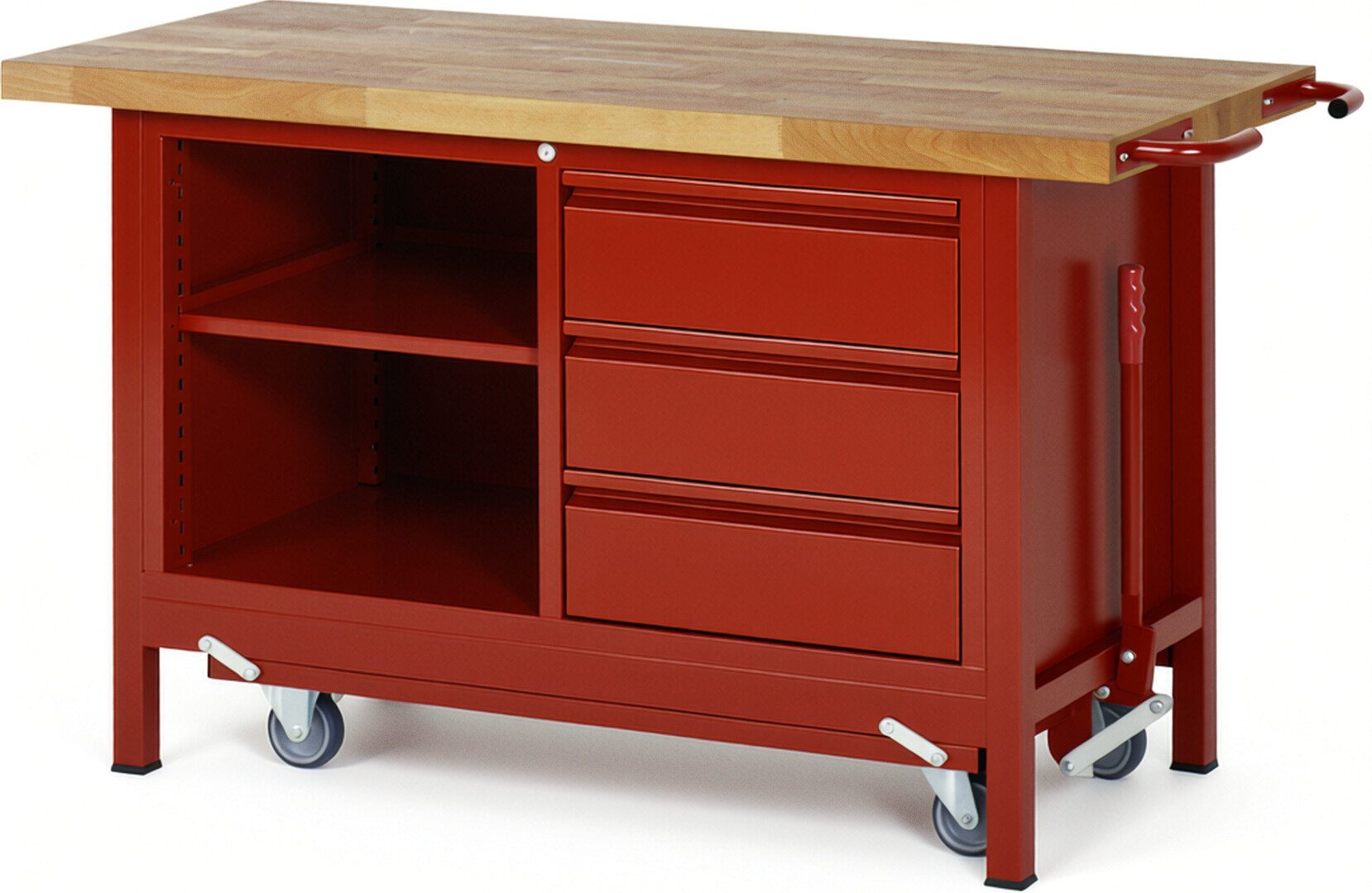 Absenkbare Werkbank - Modell 8462 BASIC rot, BxTxH 1500x700x880 mm,  Buche-Massiv Arbeitsplatte 40 mm,  3 Schubladen mit  Auszug 90 %