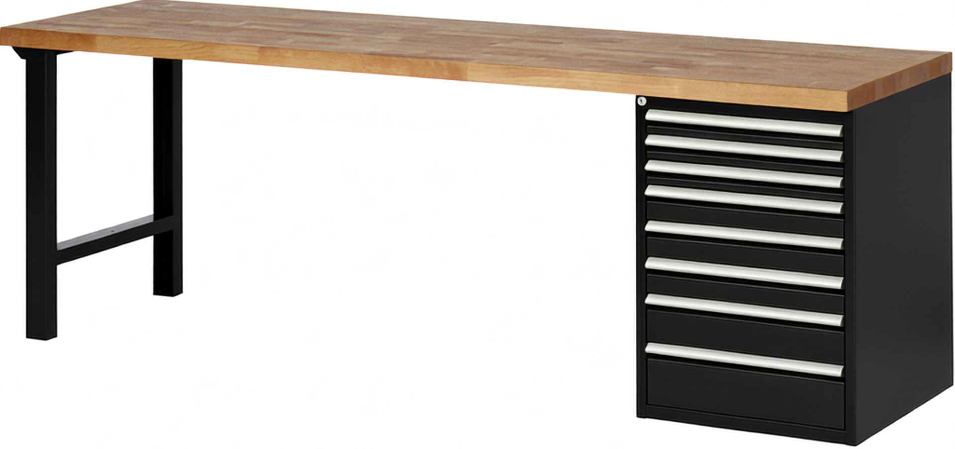 RAU Werkbank schwarz - Breite 250 cm - Tiefe 70 cm - Höhe 84 cm - Buche-Massiv Arbeitsplatte 40 mm