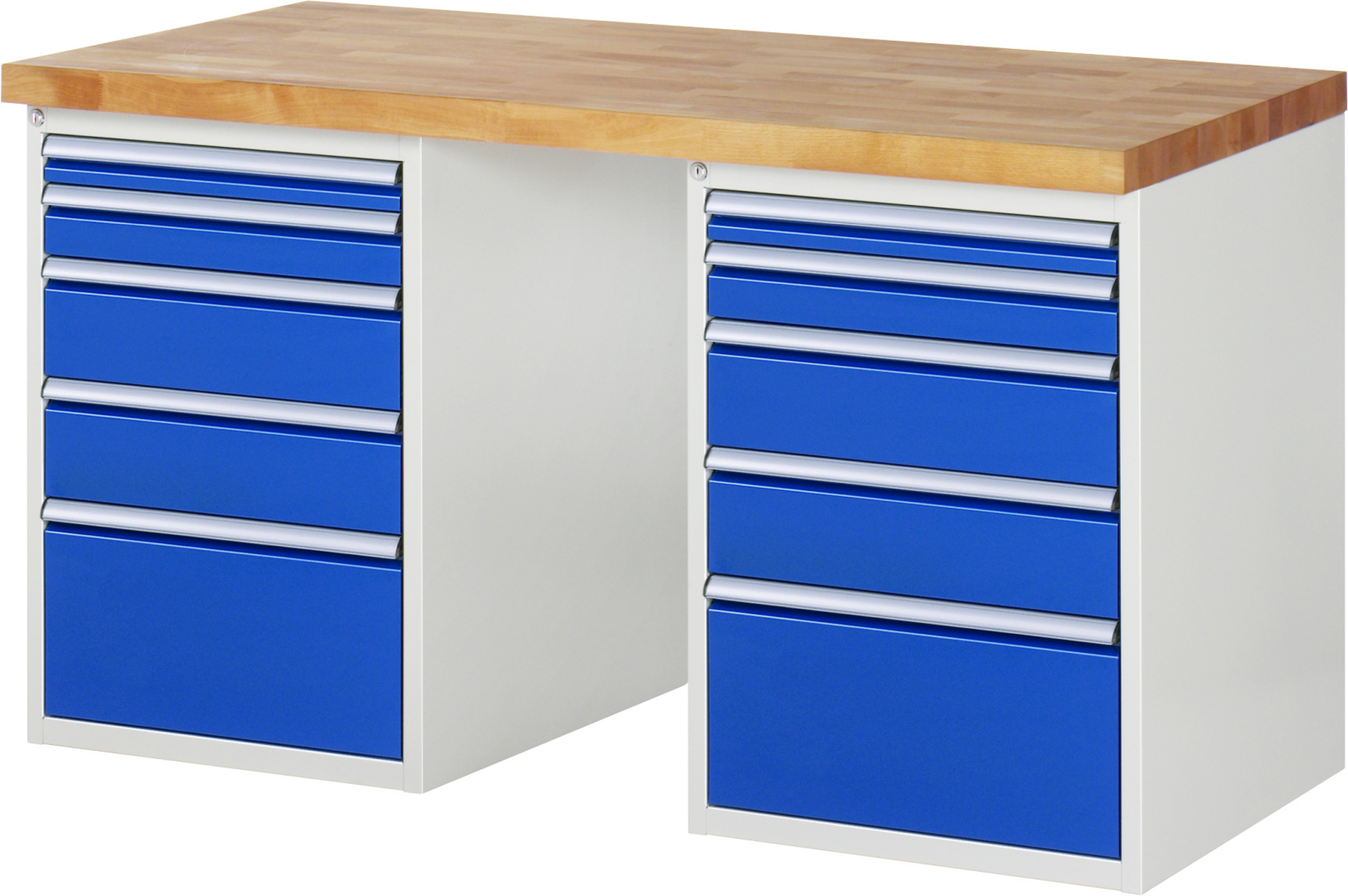 Werkbank Modell 7511 rot - schwarz, BxTxH 1500x700x840 mm,  Buche-Massiv Arbeitsplatte 40 mm,  10 Schubladen mit  Auszug 90 %