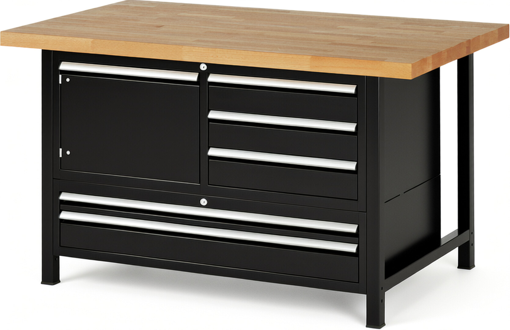 RAU Werkbank schwarz - Breite 150 cm - Tiefe 90 cm - Höhe 104 cm - Buche-Massiv Arbeitsplatte 40 mm