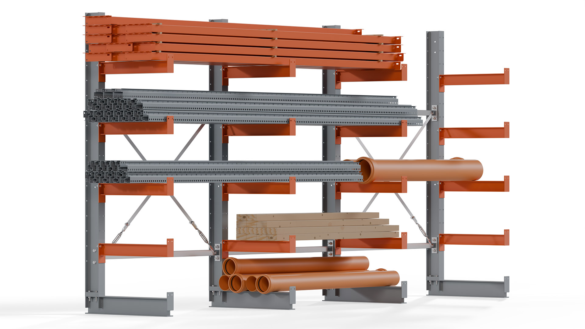 Kragarmregal KARL basic - lackiert - Breite: 384 cm - Höhe: 200 cm - Tiefe: 60 cm - Traglast je Kragarm: 730 kg - einseitig