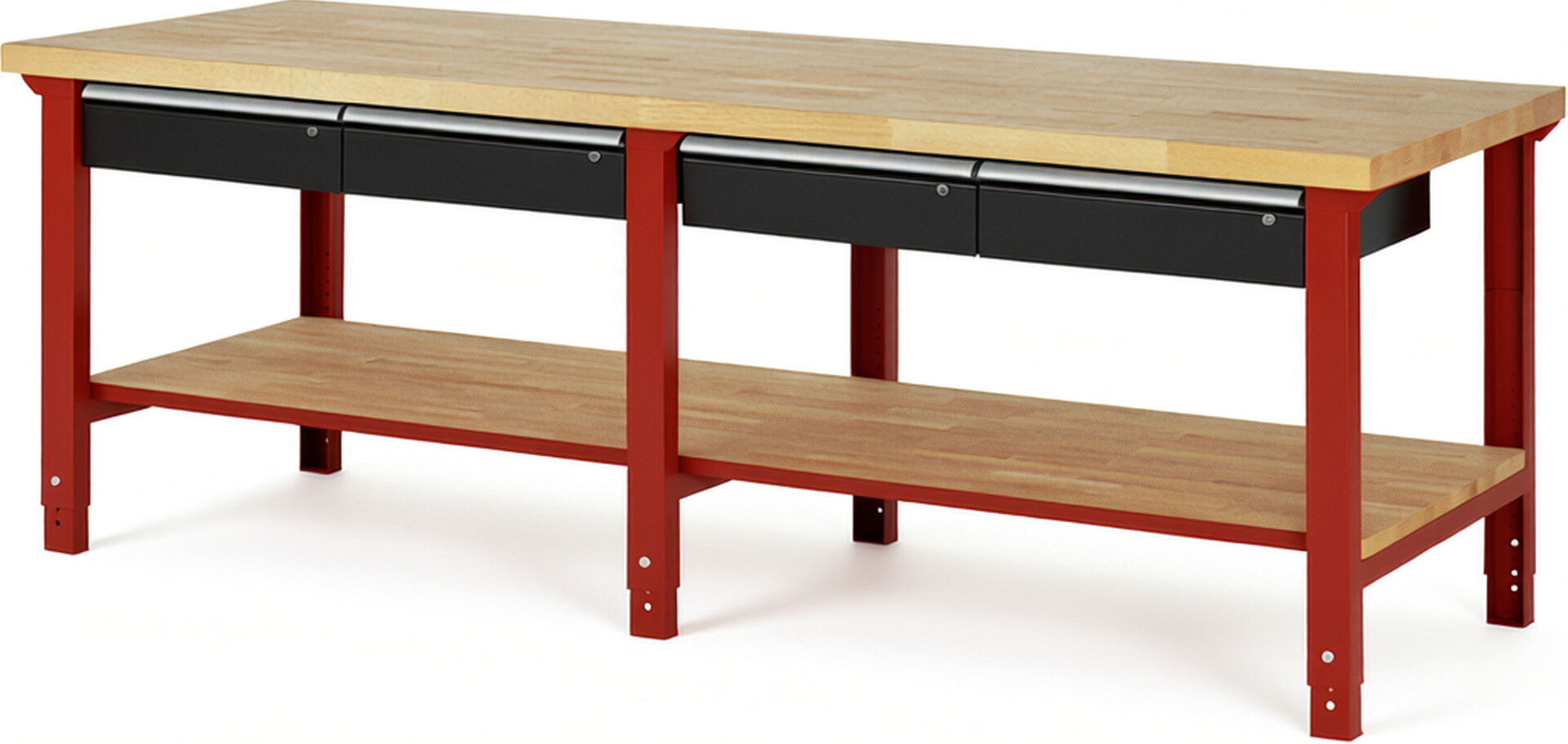 Werkbank Modell 7002 rot - schwarz, BxTxH 2500x900x790-1140 mm,  Buche-Massiv Arbeitsplatte 40 mm,  4 Schubladen mit  Auszug 90 %