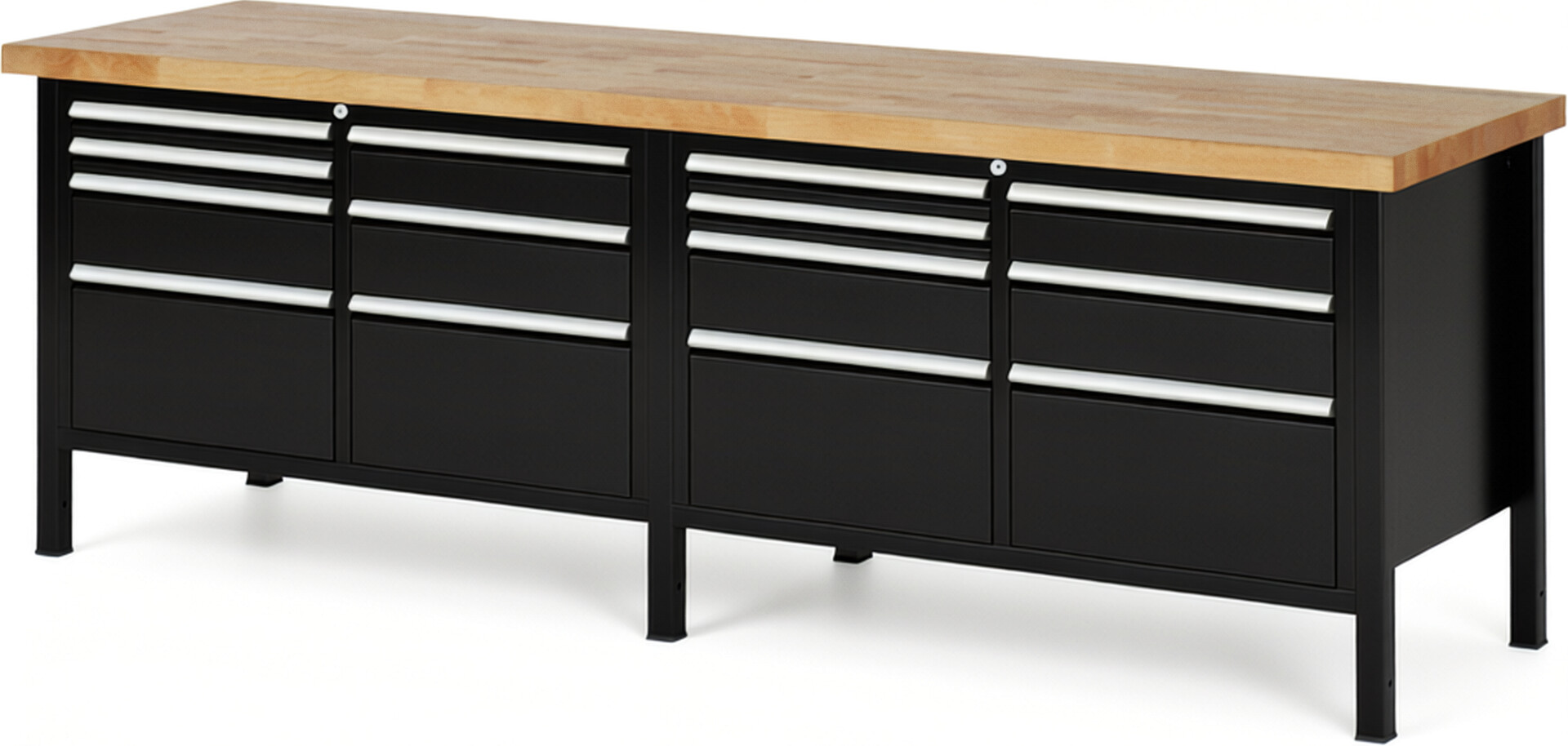 RAU Werkbank schwarz - Breite 250 cm - Tiefe 70 cm - Höhe 84 cm - Buche-Massiv Arbeitsplatte 40 mm