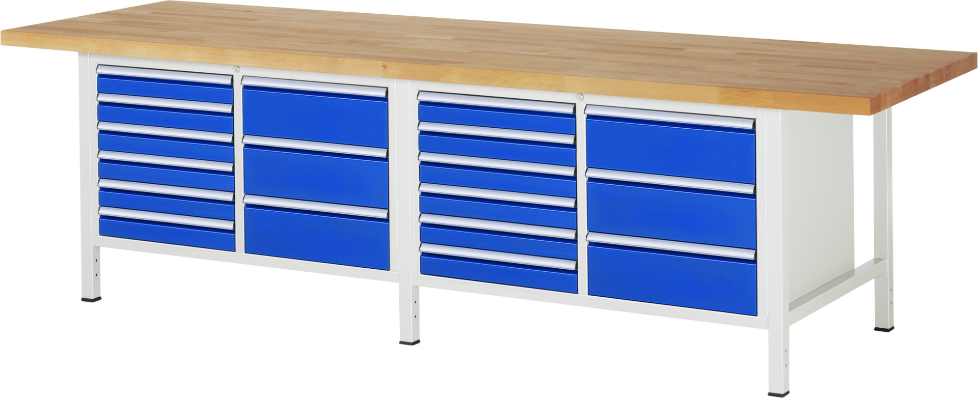 Werkbank Modell 8479 rot - schwarz, BxTxH 3000x900x840 mm,  Buche-Massiv Arbeitsplatte 40 mm,  18 Schubladen mit  Vollauszug 100 % und  SoftClosing