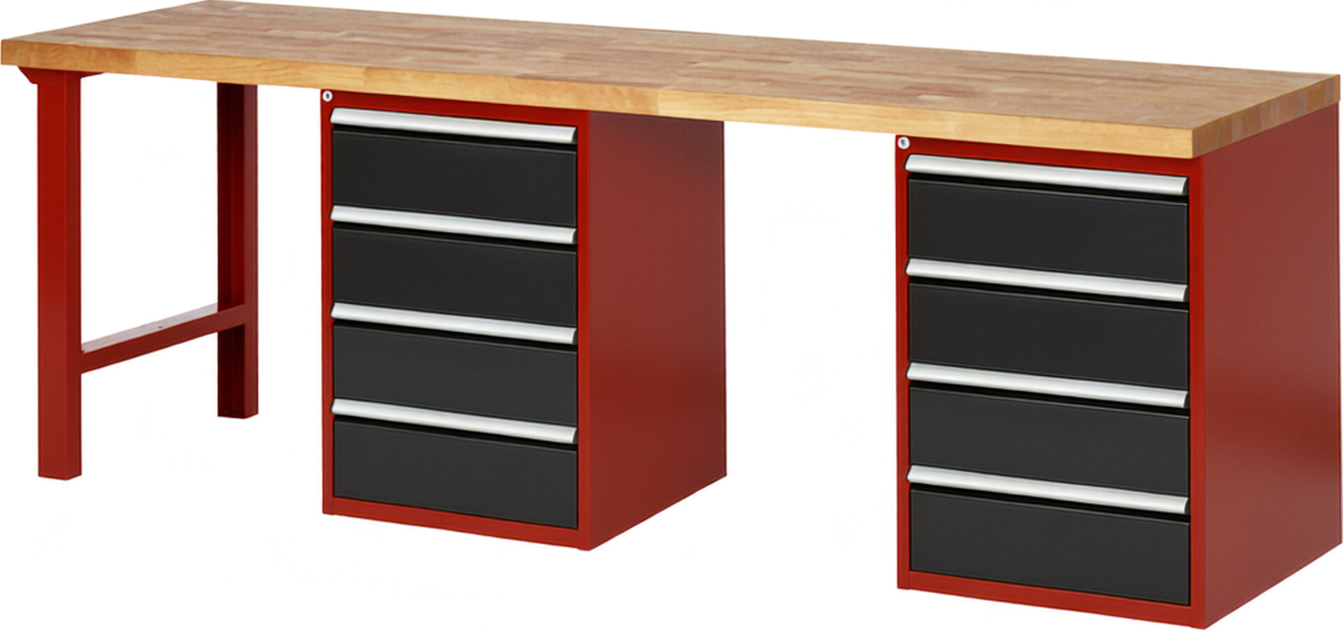 Werkbank Modell 7509 rot - schwarz, BxTxH 2500x700x890 mm,  Buche-Massiv Arbeitsplatte 40 mm,  8 Schubladen mit  Vollauszug 100 % und  SoftClosing
