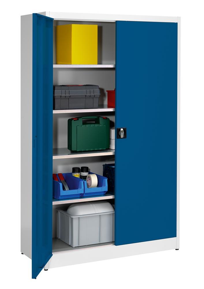 Flügeltürenschrank, 4 verzinkte Fachböden,  Fachböden,BxTxH 1200x500x1965 mm, RAL7035/5010