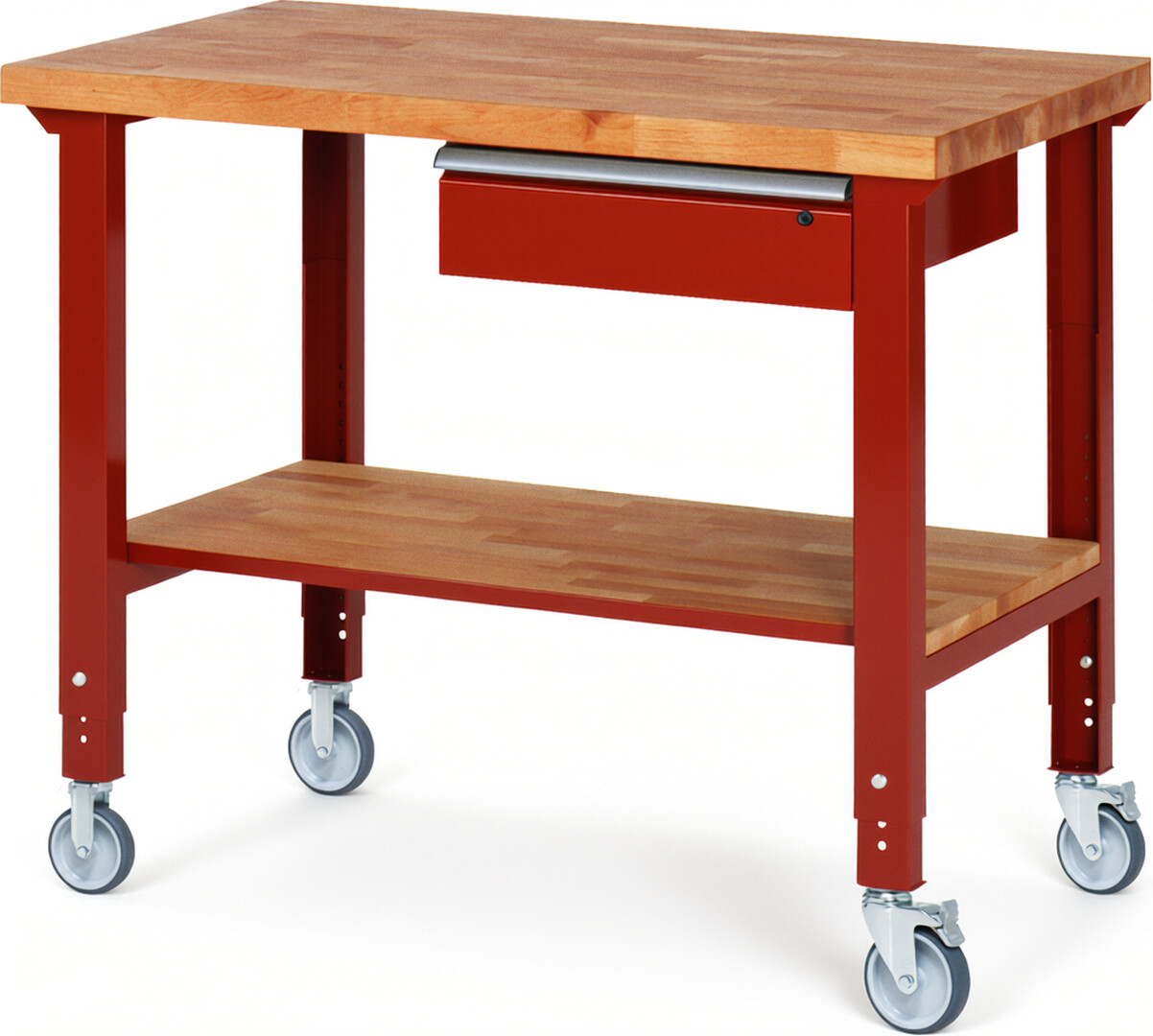 Fahrbare Werkbank Modell 7001 rot, BxTxH 1250x700x950-1000 mm,  Buche-Massiv Arbeitsplatte 40 mm,  1 Schublade mit  Auszug 90 %