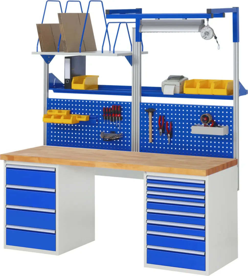 Werkbank Modell 7822 rot - schwarz, BxTxH 2000x700x840 mm,  Buche-Massiv Arbeitsplatte 40 mm,  12 Schubladen mit  Auszug 90 %