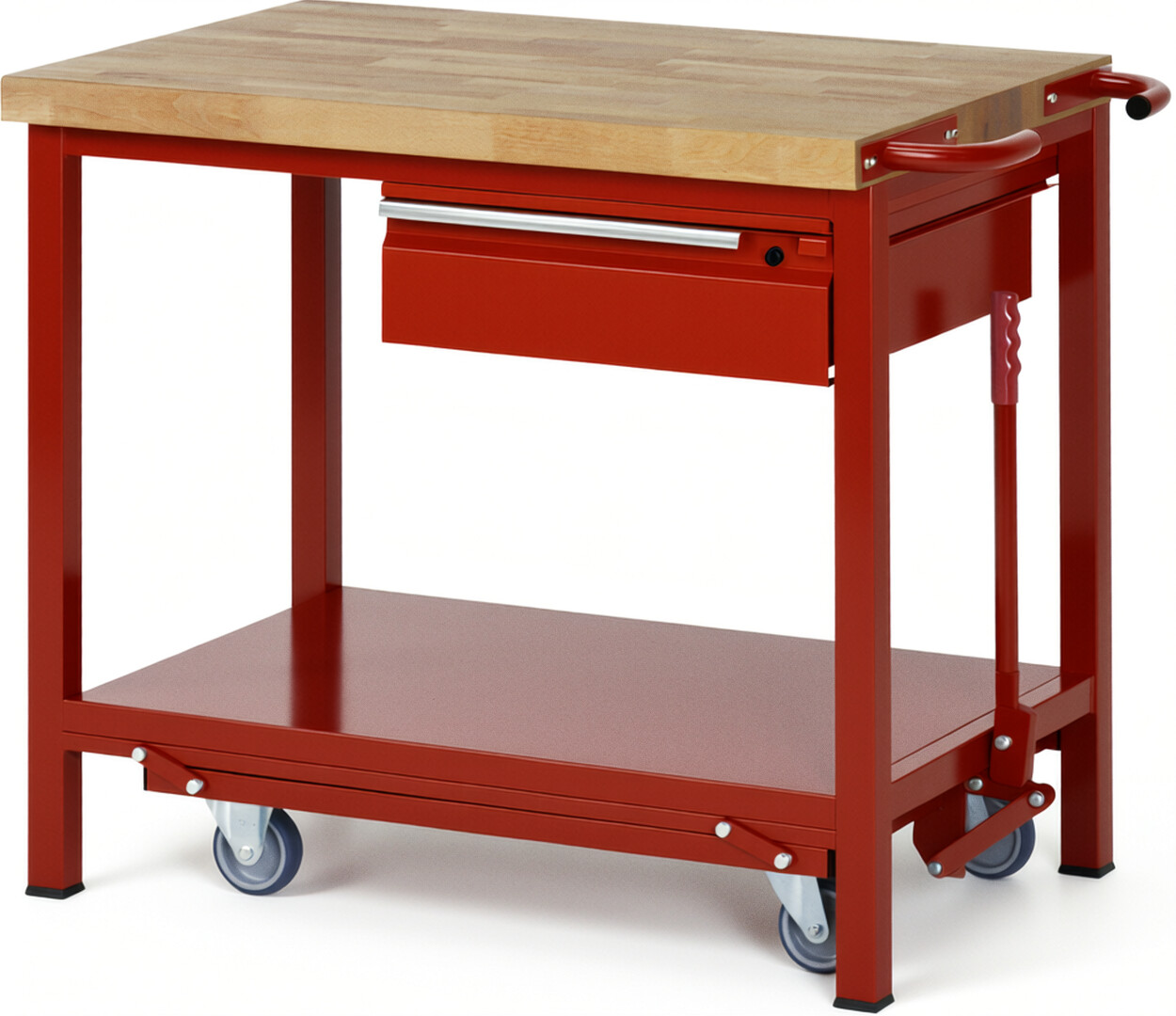 Absenkbare Werkbank - Modell 8001 BASIC rot, BxTxH 1000x700x880 mm,  Buche-Massiv Arbeitsplatte 40 mm,  1 Schublade mit  Auszug 90 %