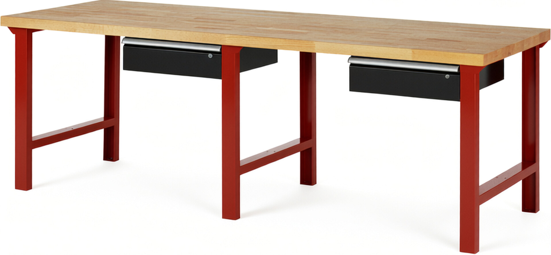 RAU Werkbank rot - schwarz - Breite 250 cm - Tiefe 90 cm - Höhe 84 cm - Buche-Massiv Arbeitsplatte 40 mm