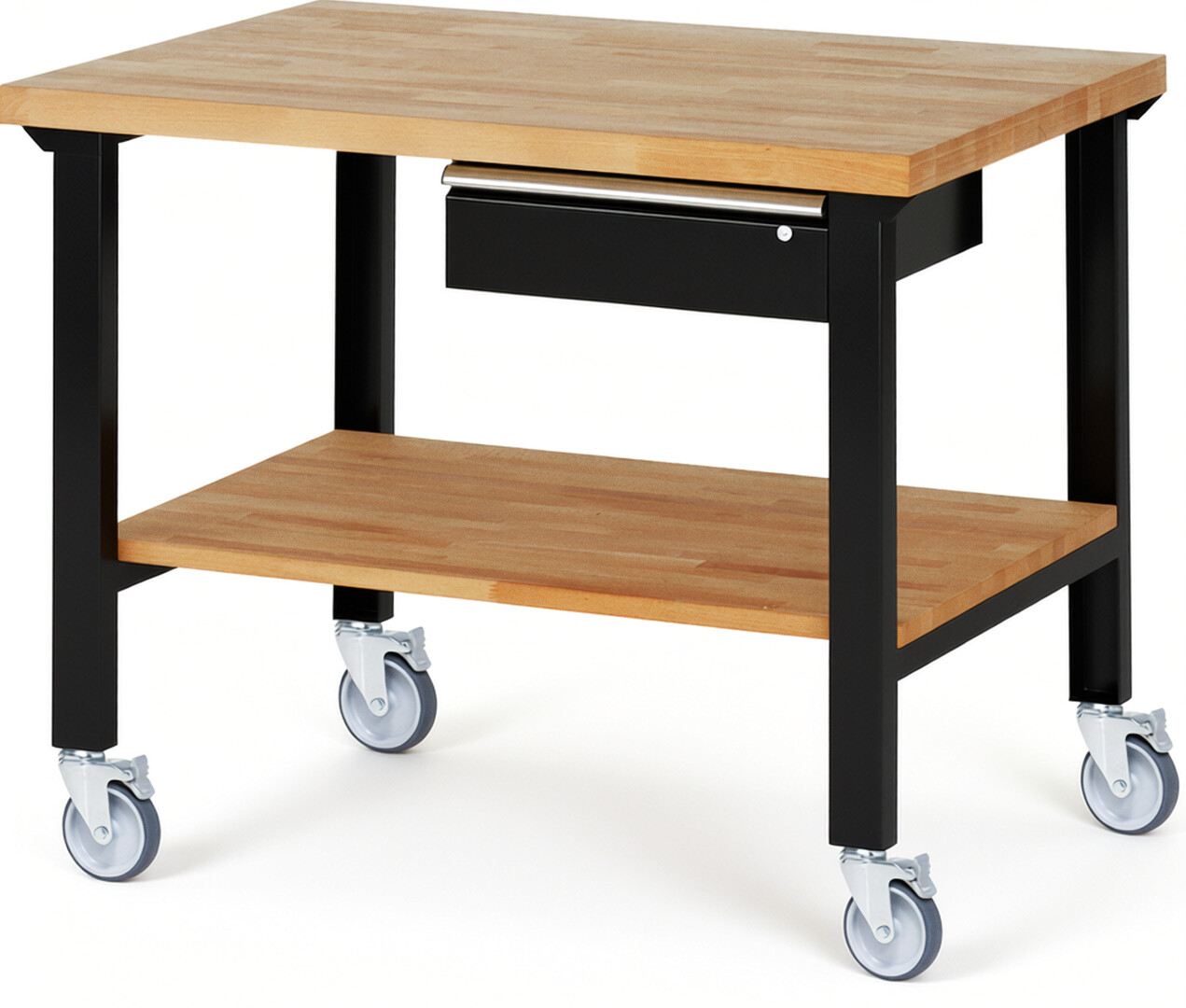 RAU Werkbank schwarz - Breite 125 cm - Tiefe 90 cm - Höhe 100 cm - Buche-Massiv Arbeitsplatte 40 mm