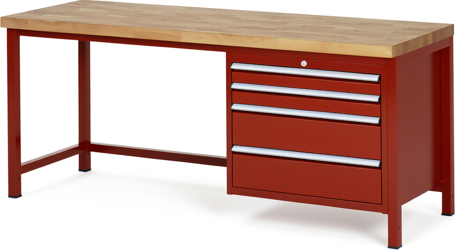 Werkbank Modell 8261 rot, BxTxH 2000x700x840-1040 mm,  Buche-Massiv Arbeitsplatte 40 mm,  4 Schubladen mit  Auszug 90 %
