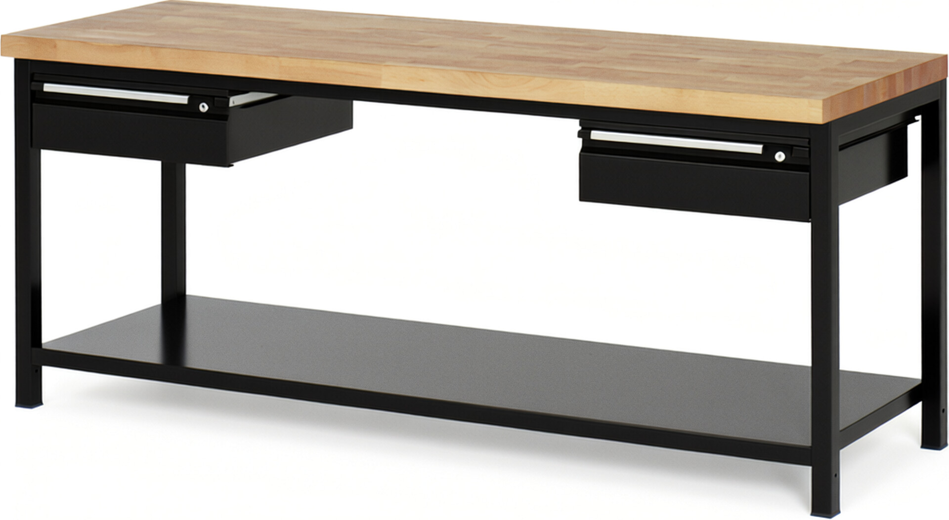 Werkbank - Modell 8002 BASIC schwarz, BxTxH 2000x700x840 mm,  Buche-Massiv Arbeitsplatte 40 mm,  2 Schubladen mit  Auszug 90 %