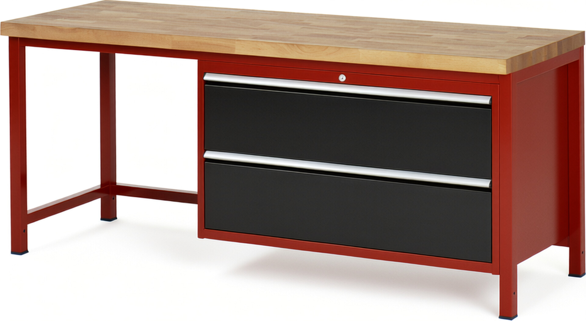 Werkbank Modell 8355 rot - schwarz, BxTxH 2000x700x840-1040 mm,  Buche-Massiv Arbeitsplatte 40 mm,  2 Schubladen mit  Vollauszug 100 % und  SoftClosing