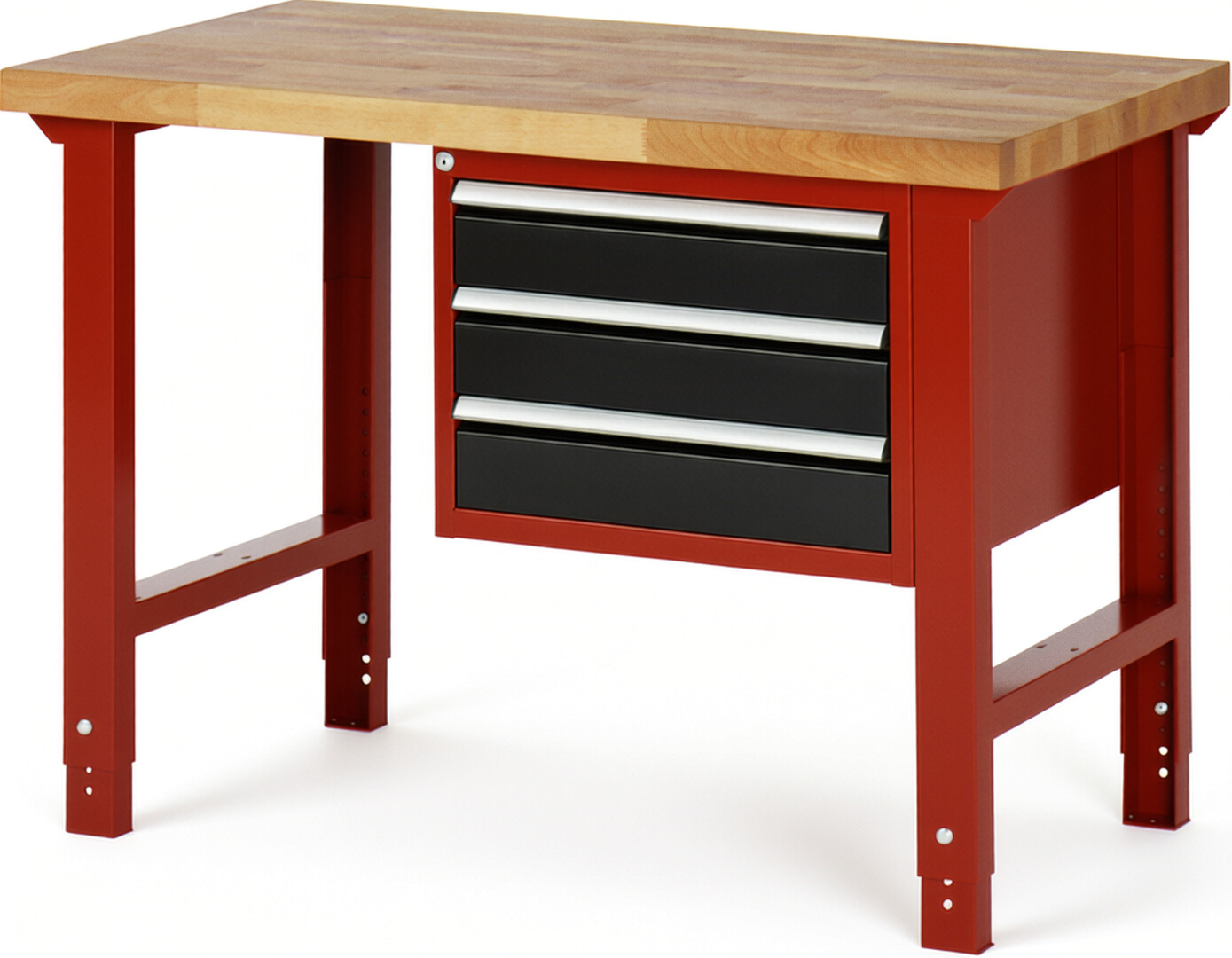 Werkbank Modell 7127 rot - schwarz, BxTxH 1250x700x790-1140 mm,  Buche-Massiv Arbeitsplatte 40 mm,  3 Schubladen mit  Vollauszug 100 % und  SoftClosing