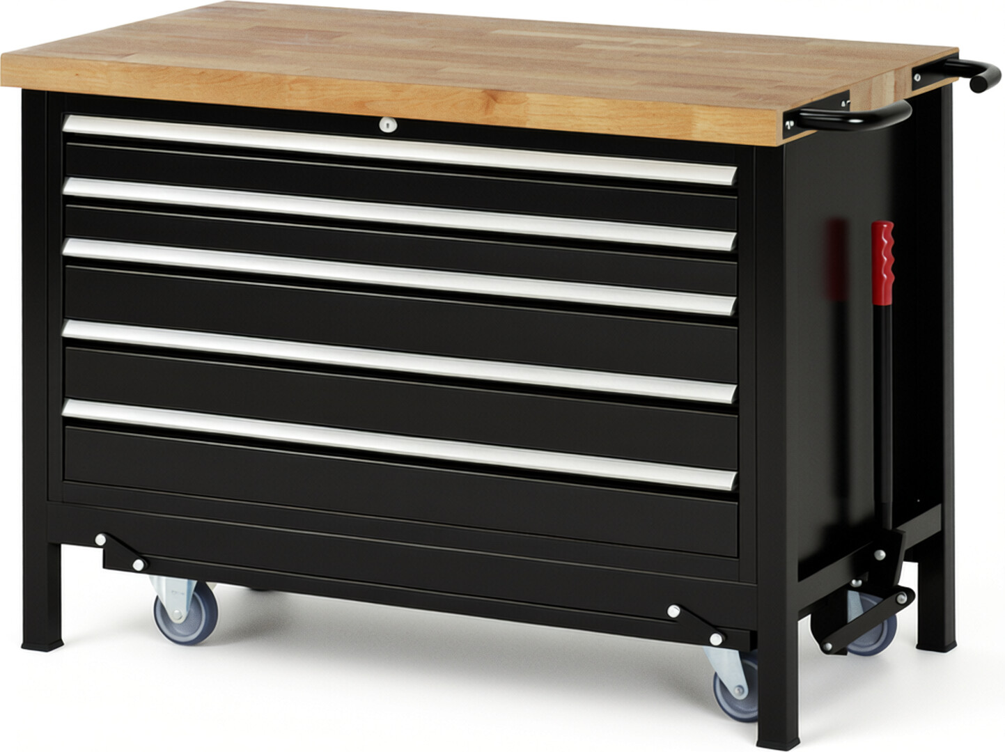 Absenkbare Werkbank Modell 8371 schwarz, BxTxH 1250x700x880 mm,  Buche-Massiv Arbeitsplatte 40 mm,  5 Schubladen mit  Vollauszug 100 % und  SoftClosing