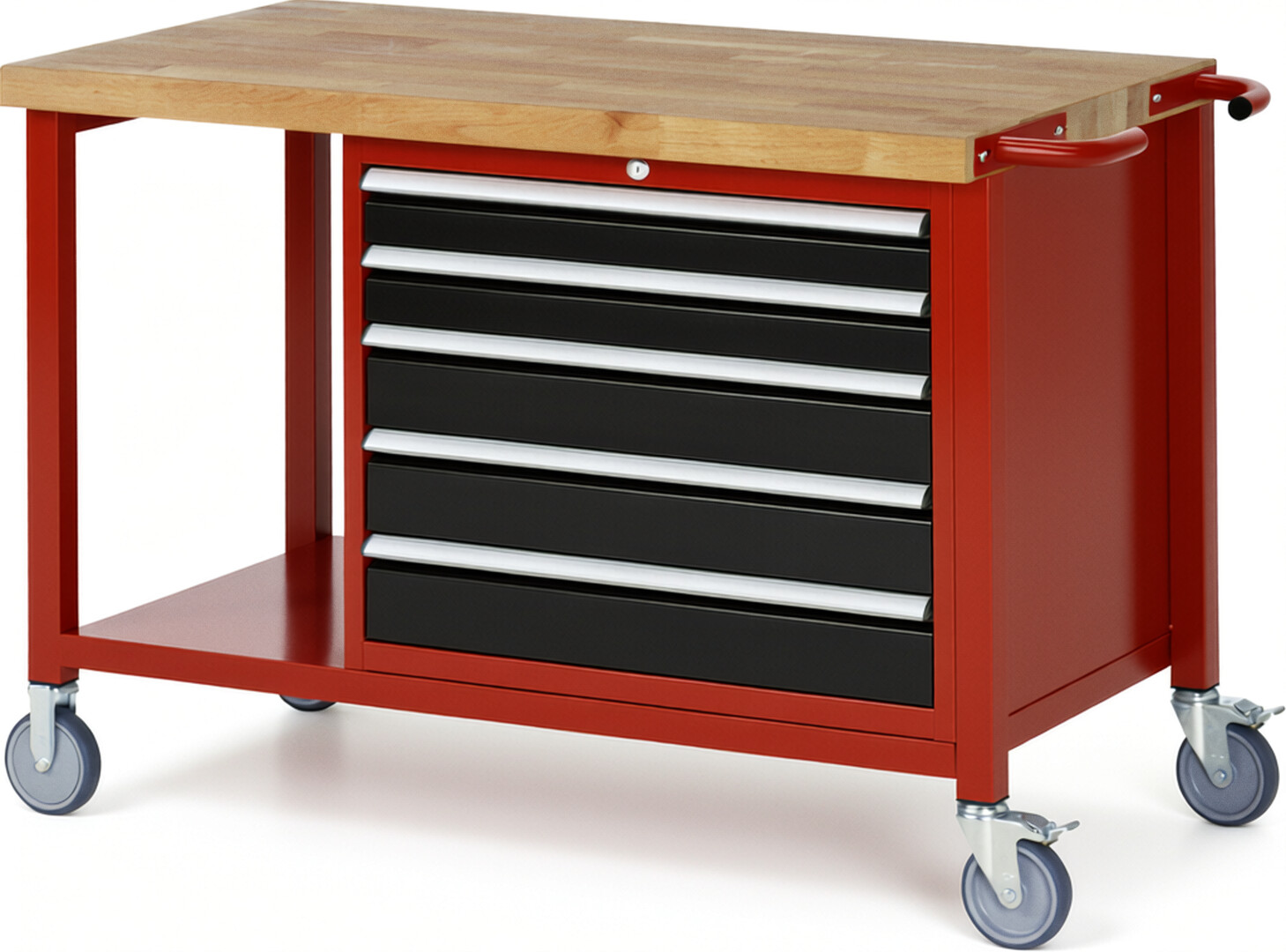 RAU Werkbank rot - schwarz - Breite 125 cm - Tiefe 70 cm - Höhe 108 cm - Buche-Massiv Arbeitsplatte 40 mm