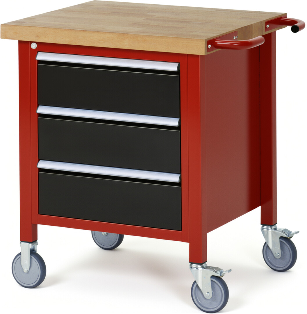 RAU Werkbank rot - schwarz - Breite 75 cm - Tiefe 70 cm - Höhe 88 cm - Buche-Massiv Arbeitsplatte 40 mm