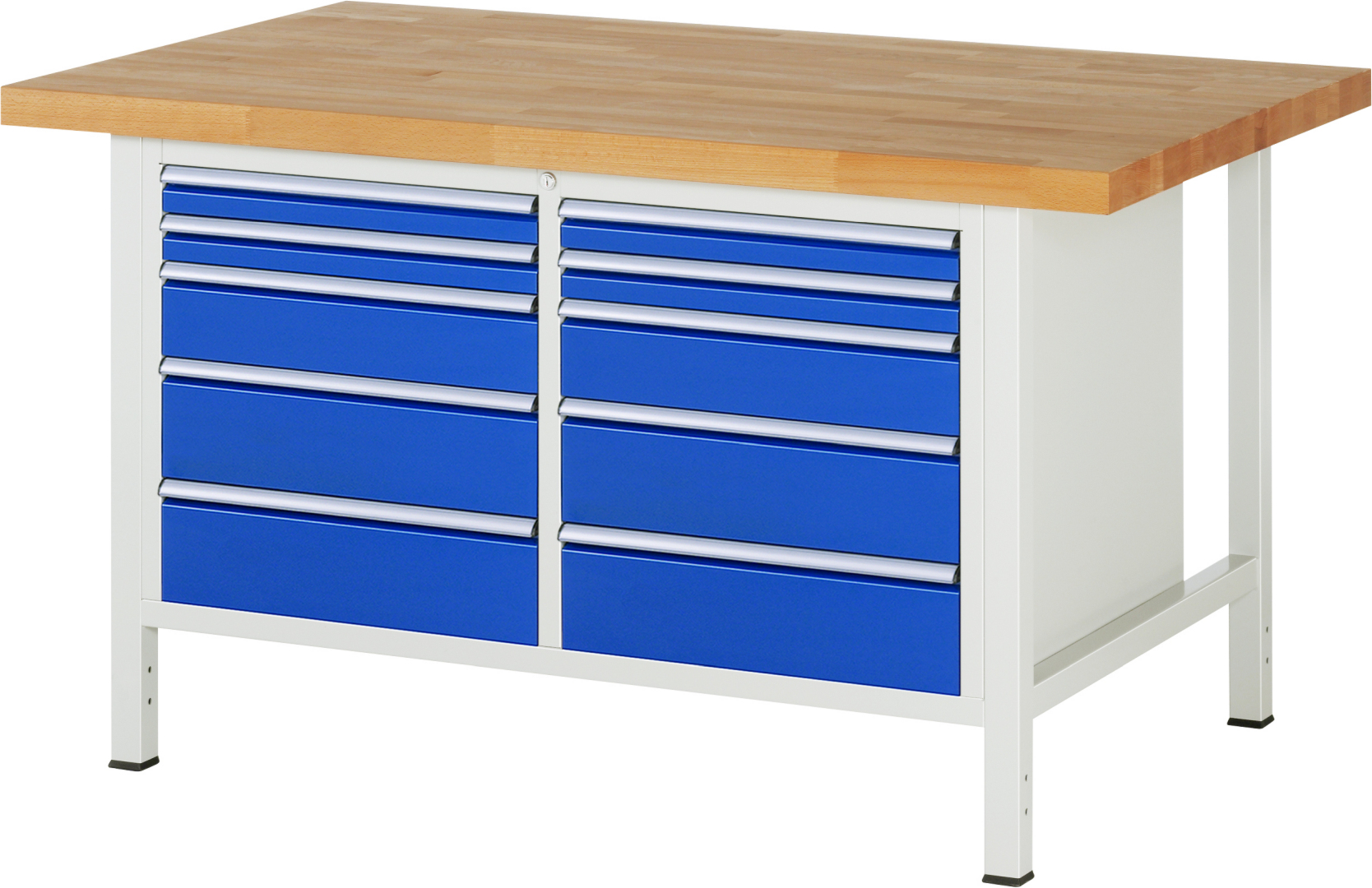 Werkbank Modell 8480,  BxTxH 1500x900x840 mm,  Buche-Massiv Arbeitsplatte 40 mm,  10 Schubladen mit  Auszug 90 %