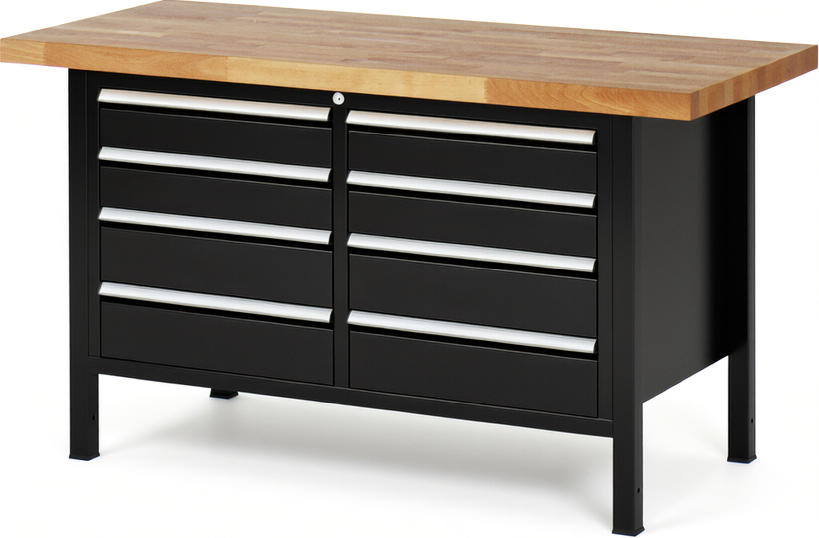 Werkbank Modell 8477 schwarz, BxTxH 1500x700x840-1040 mm,  Buche-Massiv Arbeitsplatte 40 mm,  8 Schubladen mit  Auszug 90 %