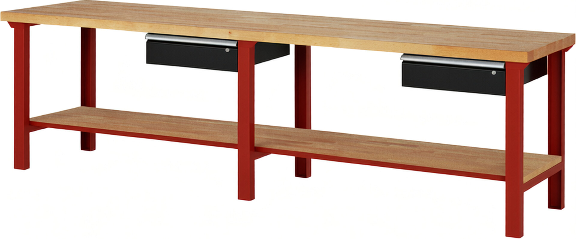 Werkbank Modell 7001 rot - schwarz, BxTxH 3000x700x840 mm,  Buche-Massiv Arbeitsplatte 40 mm,  2 Schubladen mit  Auszug 90 %