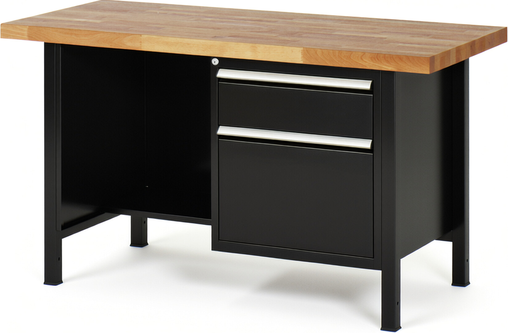 Werkbank Modell 8451 schwarz, BxTxH 1500x700x840 mm,  Buche-Massiv Arbeitsplatte 40 mm,  2 Schubladen mit  Auszug 90 %