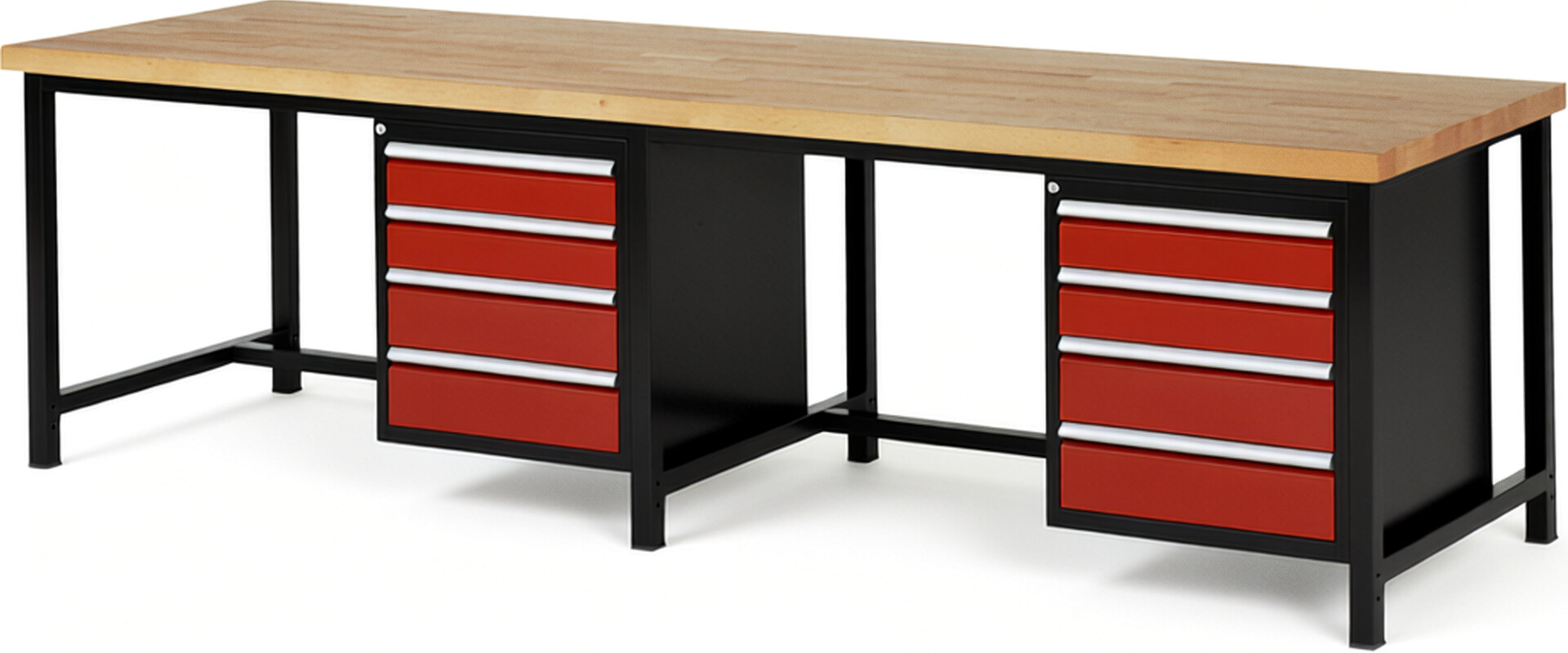 RAU Werkbank schwarz - rot - Breite 300 cm - Tiefe 90 cm - Höhe 104 cm - Buche-Massiv Arbeitsplatte 40 mm