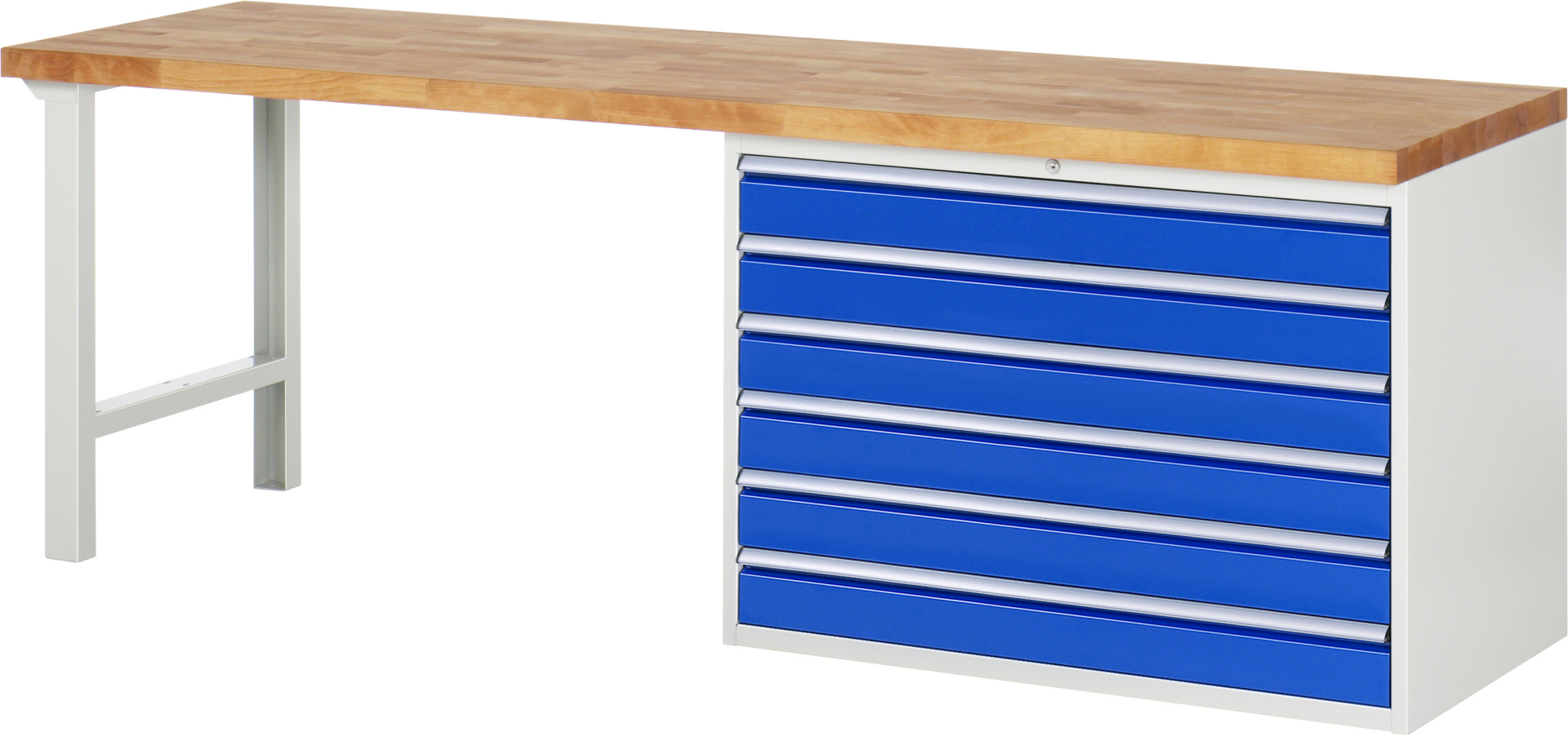 Werkbank Modell 7716 schwarz, BxTxH 2500x700x840 mm,  Buche-Massiv Arbeitsplatte 40 mm,  6 Schubladen mit  Vollauszug 100 % und  SoftClosing