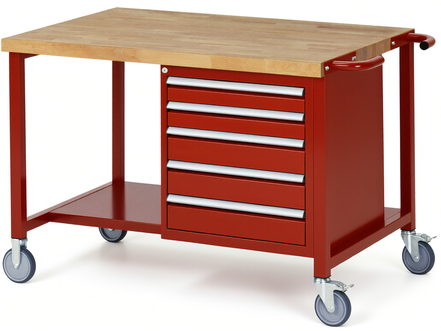 Fahrbare Werkbank Modell 8171 rot, BxTxH 1250x900x880-1080 mm,  Buche-Massiv Arbeitsplatte 40 mm,  5 Schubladen mit  Auszug 90 %