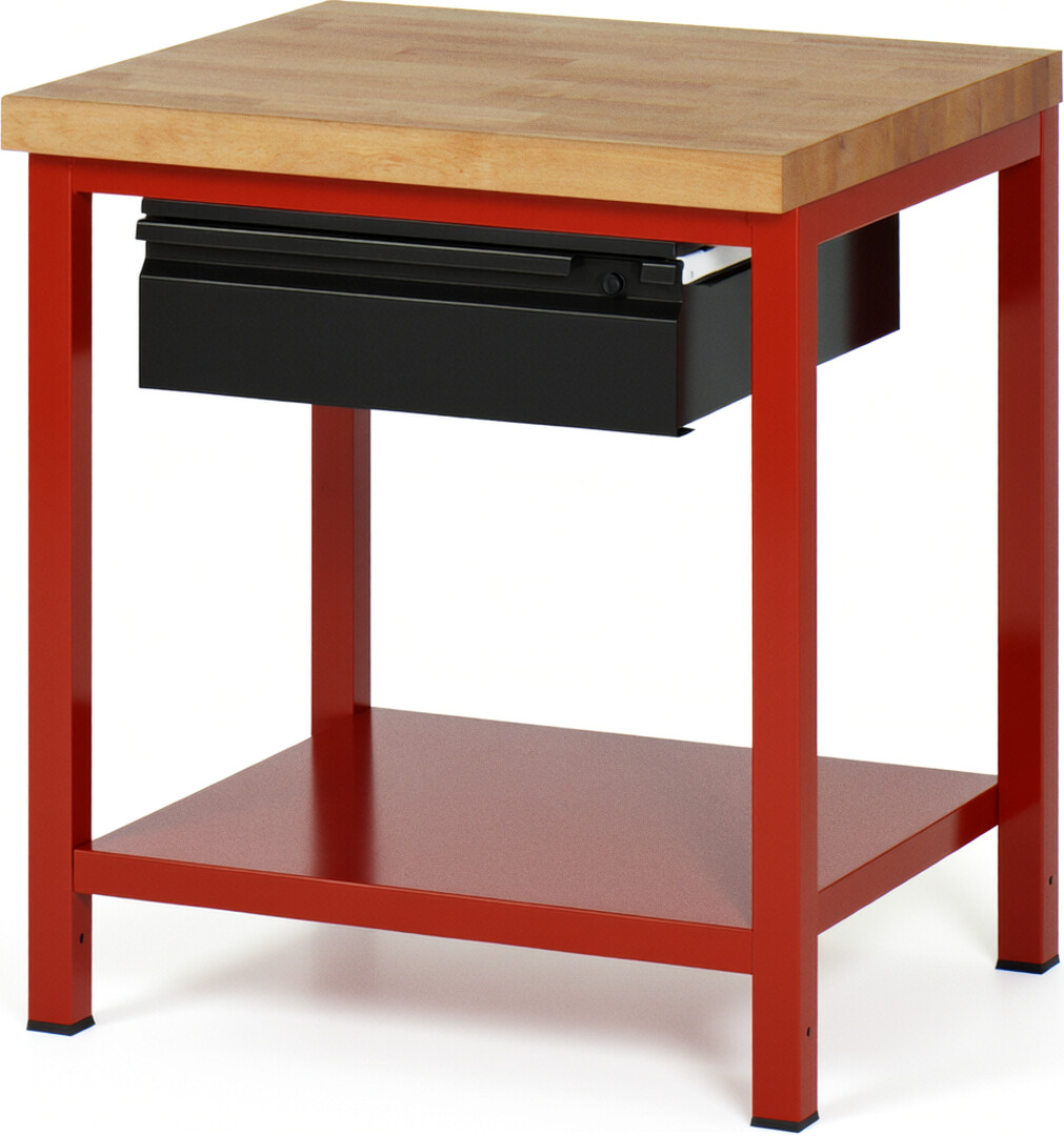Werkbank rot - schwarz, BxTxH 750x700x840-1040 mm, Platte Buche 40 mm, inkl. Stahlblech-Ablageboden, 1x 150 mm Hängeschublade, RAL 3000/9011