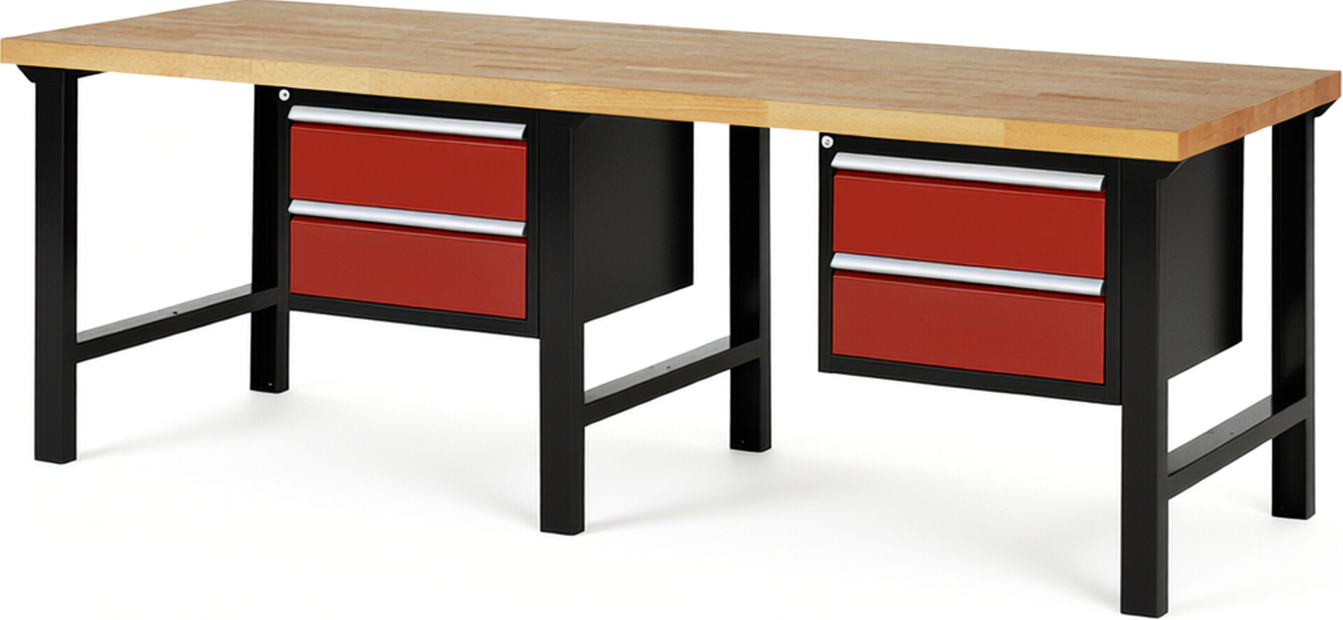 RAU Werkbank schwarz - rot - Breite 250 cm - Tiefe 90 cm - Höhe 84 cm - Buche-Massiv Arbeitsplatte 40 mm