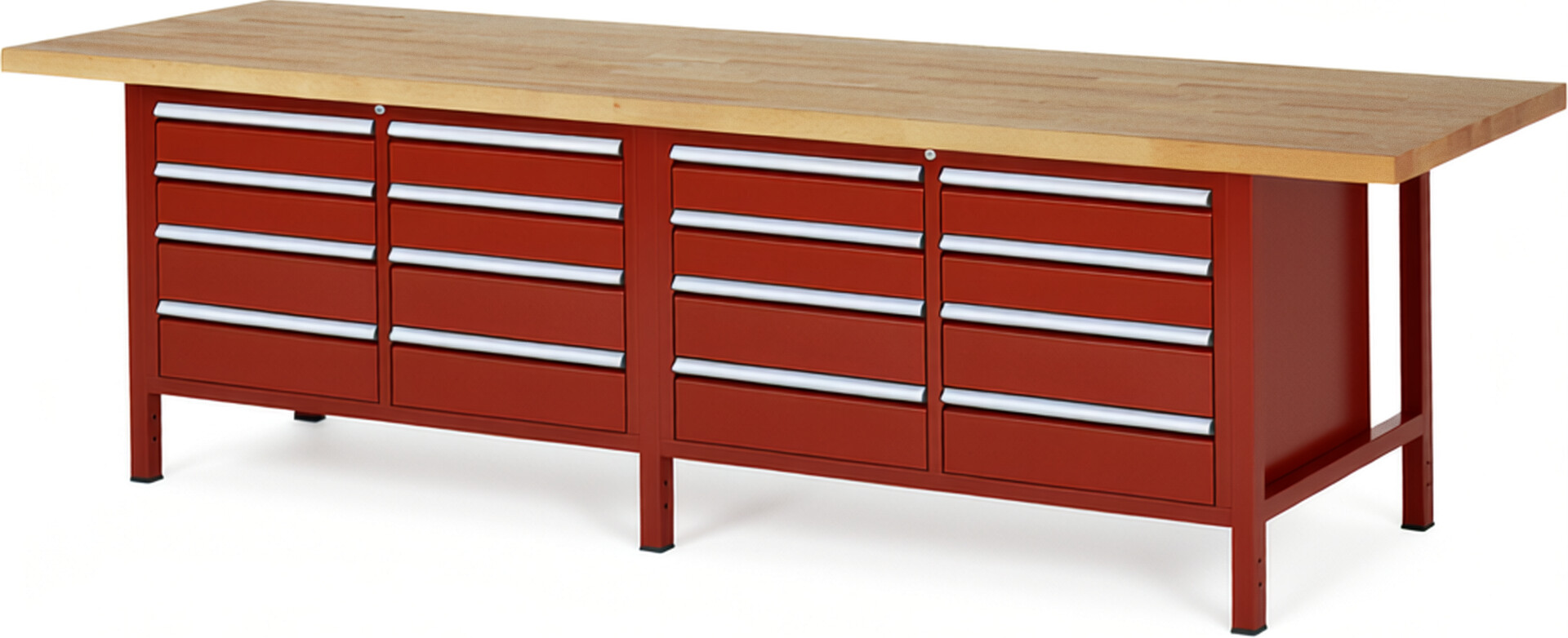 RAU Werkbank rot - Breite 300 cm - Tiefe 90 cm - Höhe 104 cm - Buche-Massiv Arbeitsplatte 40 mm