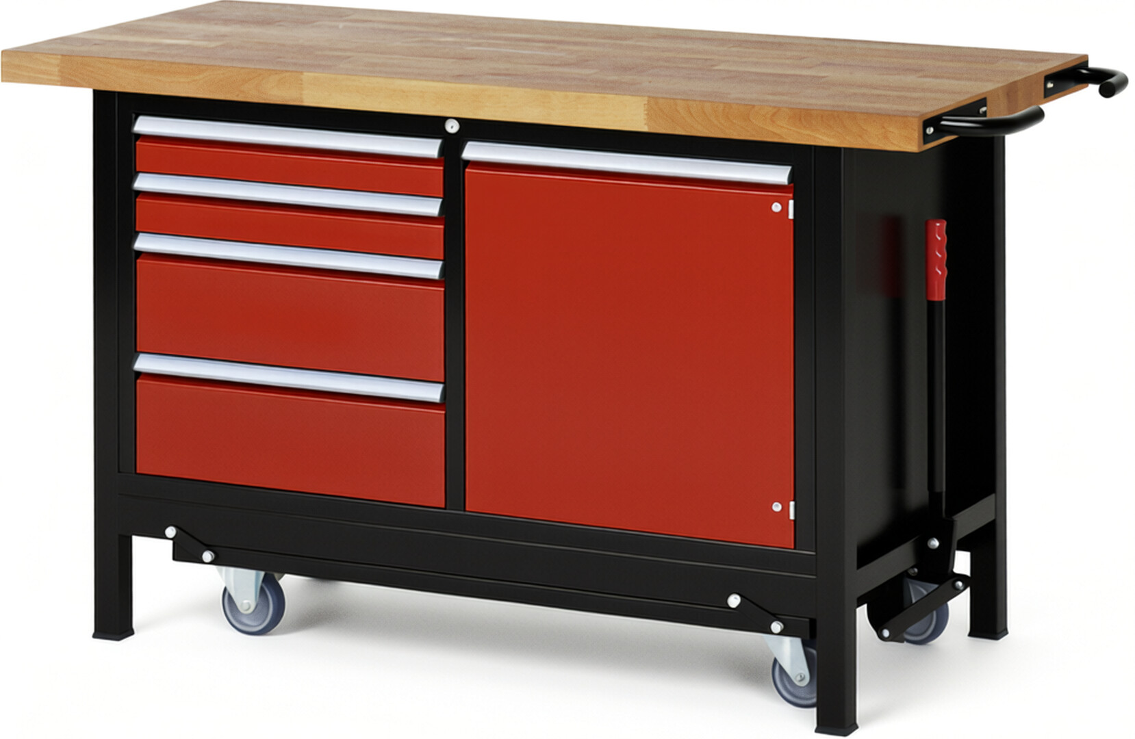 RAU Werkbank schwarz - rot - Breite 150 cm - Tiefe 70 cm - Höhe 88 cm - Buche-Massiv Arbeitsplatte 40 mm