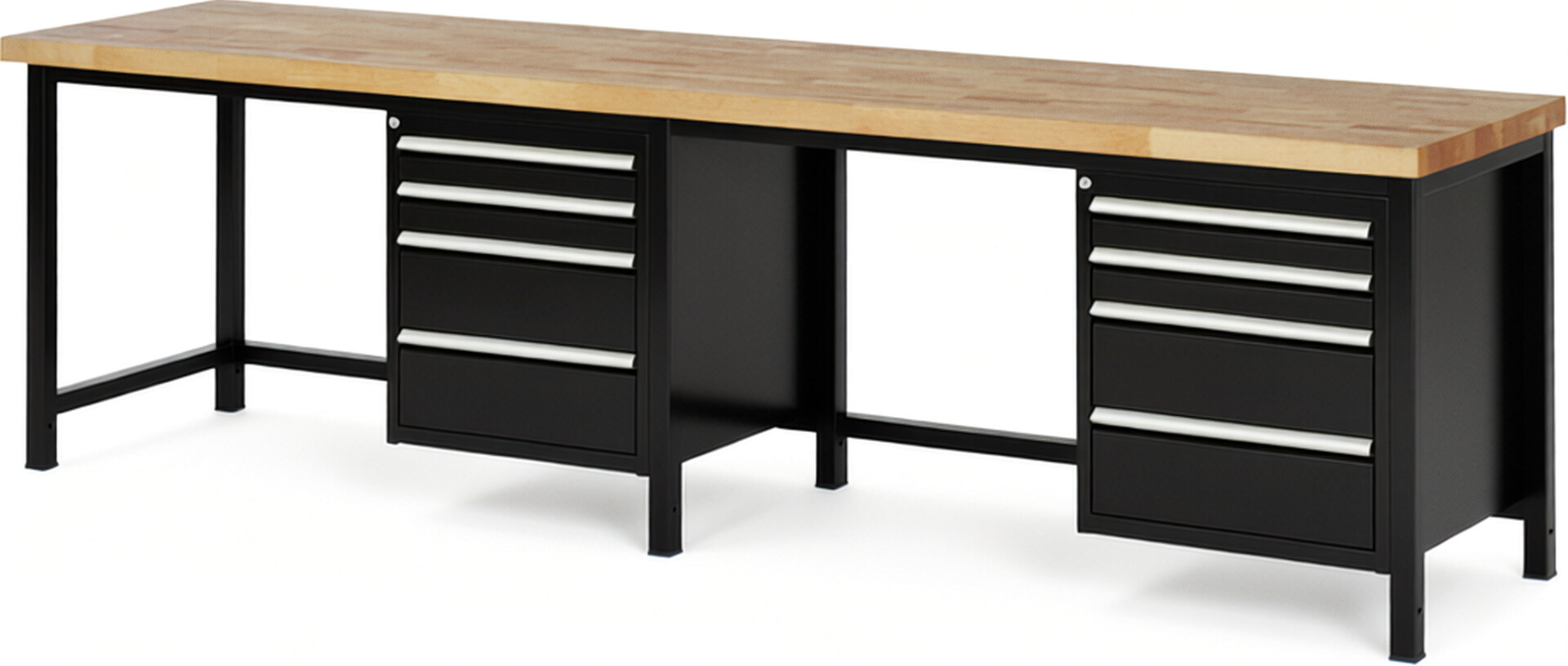 Werkbank Modell 8161 schwarz, BxTxH 3000x700x840 mm,  Buche-Massiv Arbeitsplatte 40 mm,  8 Schubladen mit  Vollauszug 100 % und  SoftClosing