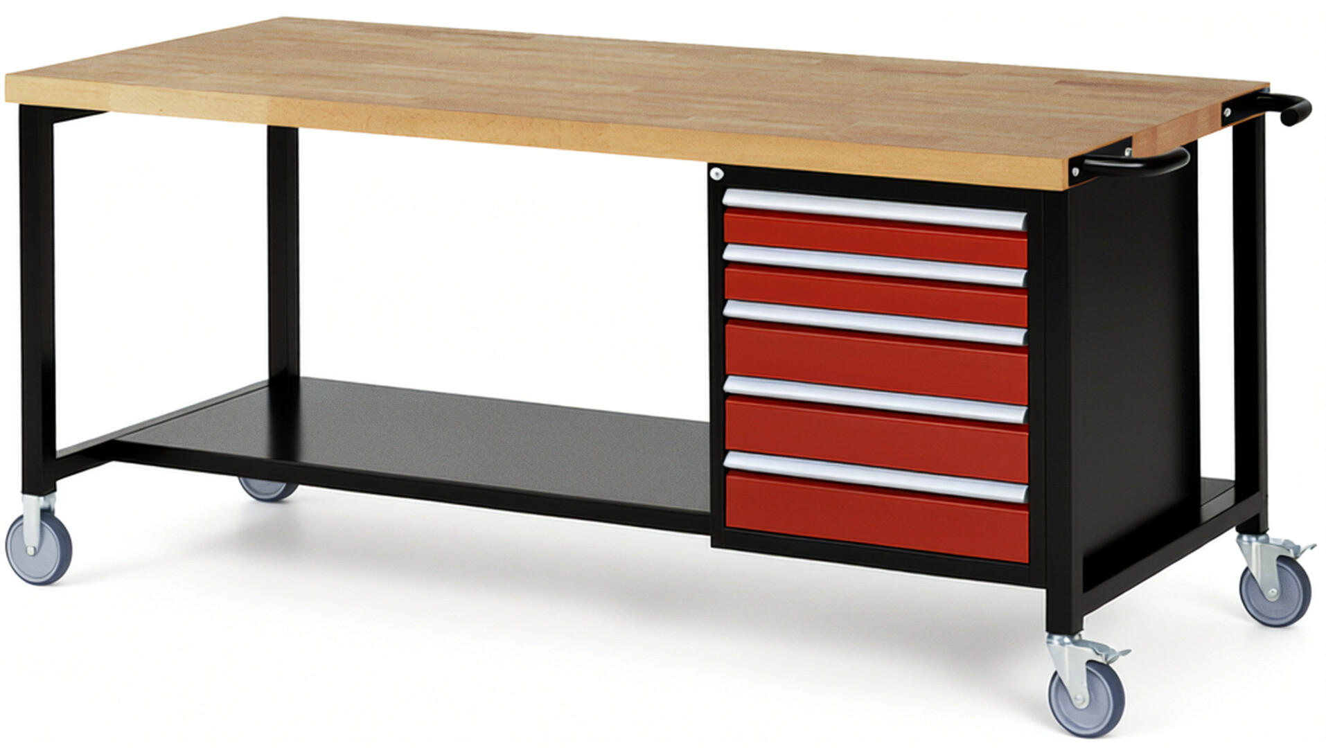 Fahrbare Werkbank Modell 8171 schwarz-rot, BxTxH 2000x900x880 mm,  Buche-Massiv Arbeitsplatte 40 mm,  5 Schubladen mit  Auszug 90 %