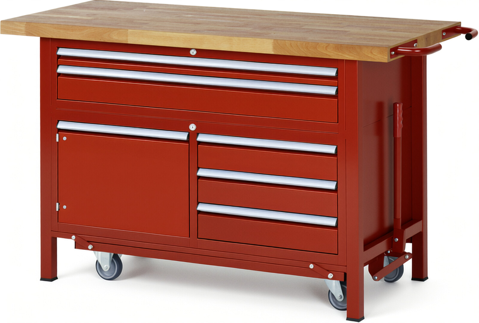 Absenkbare Werkbank Modell 8922 rot, BxTxH 1500x700x920 mm,  Buche-Massiv Arbeitsplatte 40 mm,  5 Schubladen mit  Vollauszug 100 % und  SoftClosing