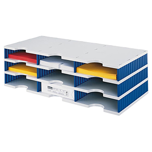 Ablage- und Sortiersystem, Grundmodul, 3x3 Fächer, BxTxH 723x331x223 mm, Polystyrol, grau/blau