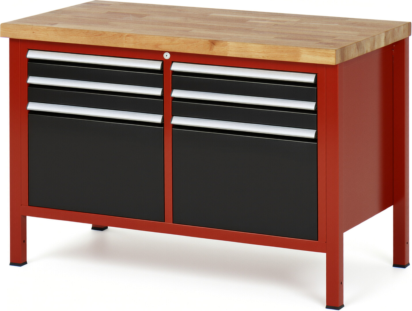 Werkbank Modell 8474 rot - schwarz, BxTxH 1250x700x840-1040 mm,  Buche-Massiv Arbeitsplatte 40 mm,  6 Schubladen mit  Auszug 90 %