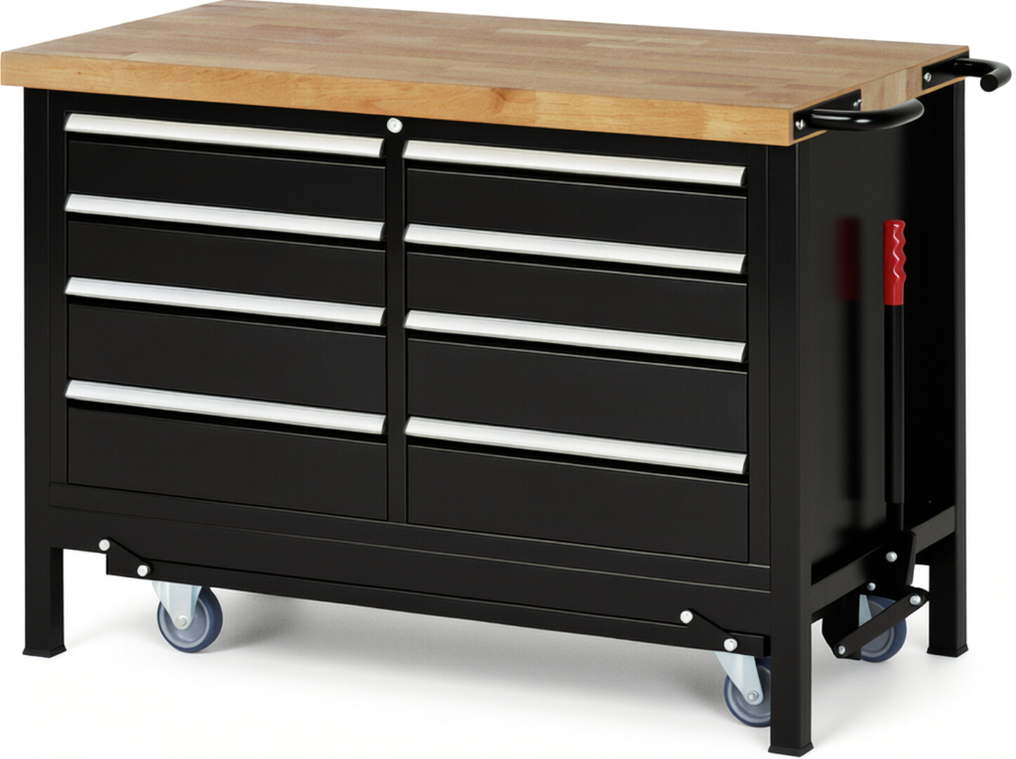Absenkbare Werkbank Modell 8477 schwarz, BxTxH 1250x700x880 mm,  Buche-Massiv Arbeitsplatte 40 mm,  8 Schubladen mit  Auszug 90 %